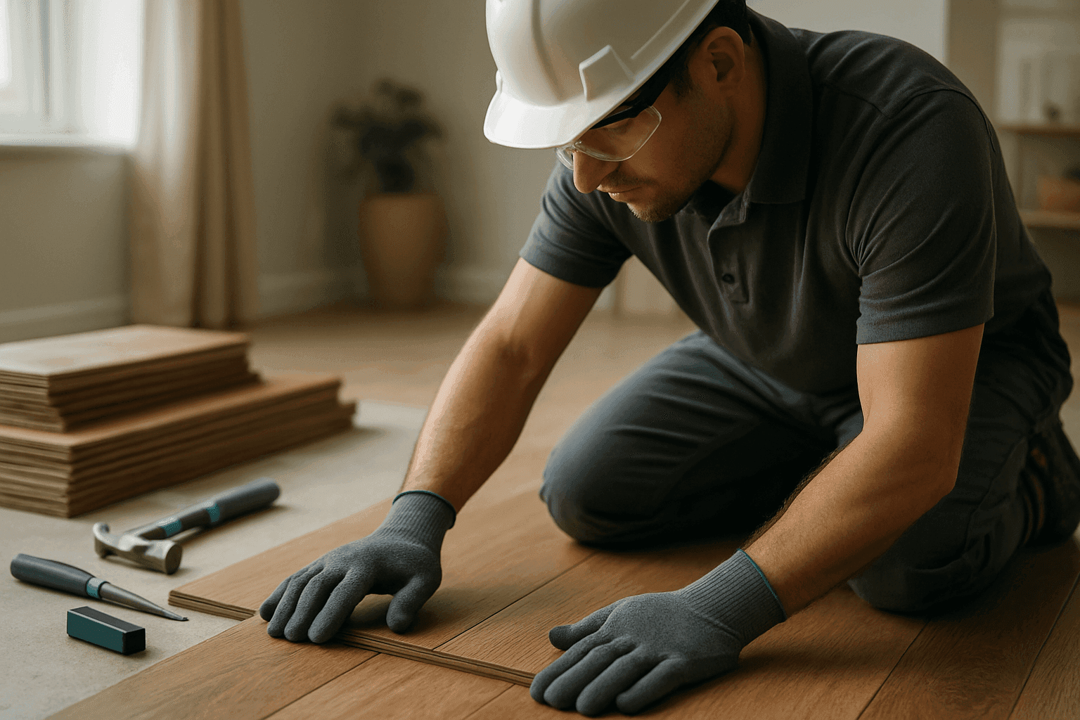 Worker wearing safety gear installing hardwood flooring in a bright, tidy home interior