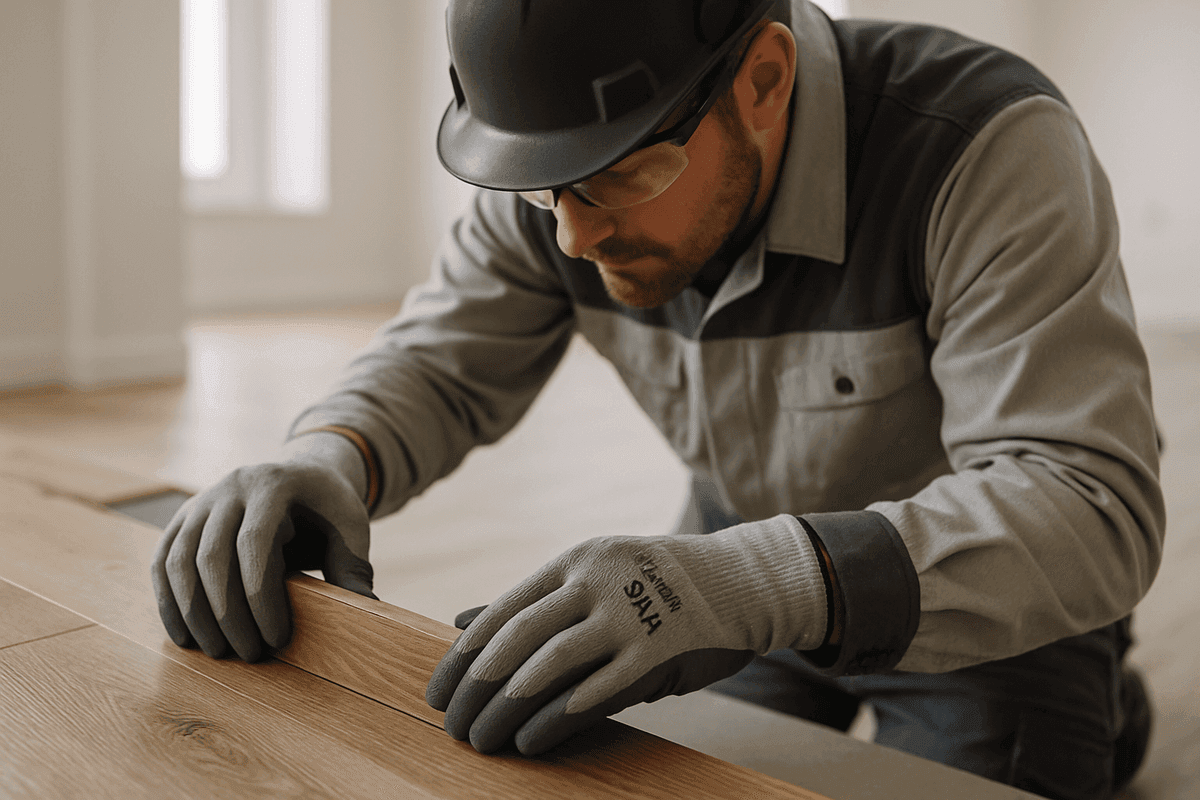 Close-up of gloved hands fitting wood flooring plank in a clean residential setting