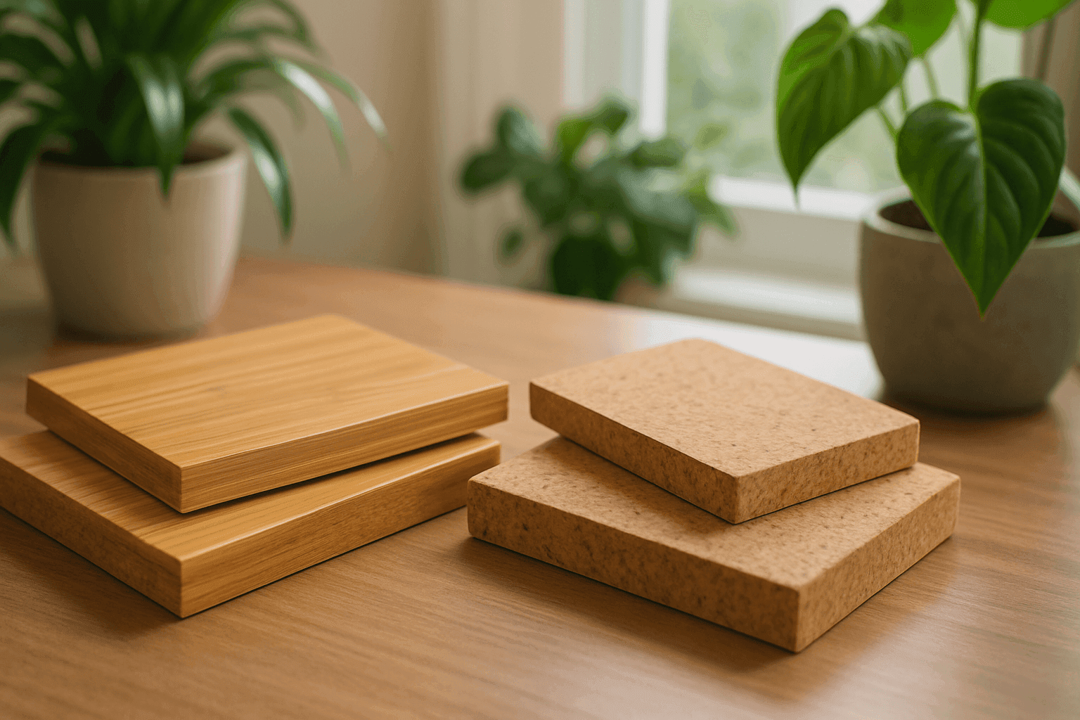 Eco-friendly bamboo and cork flooring samples next to green plants on a wooden table