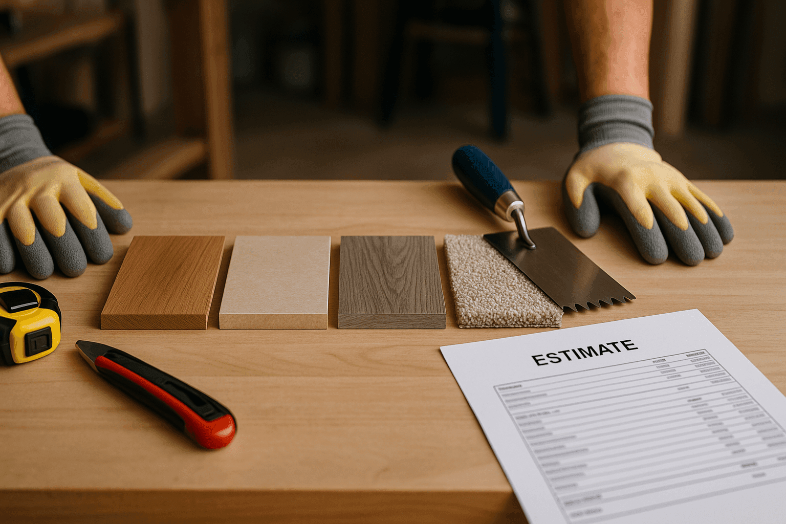 Various flooring materials and installation tools laid out on a workbench with a cost estimate sheet
