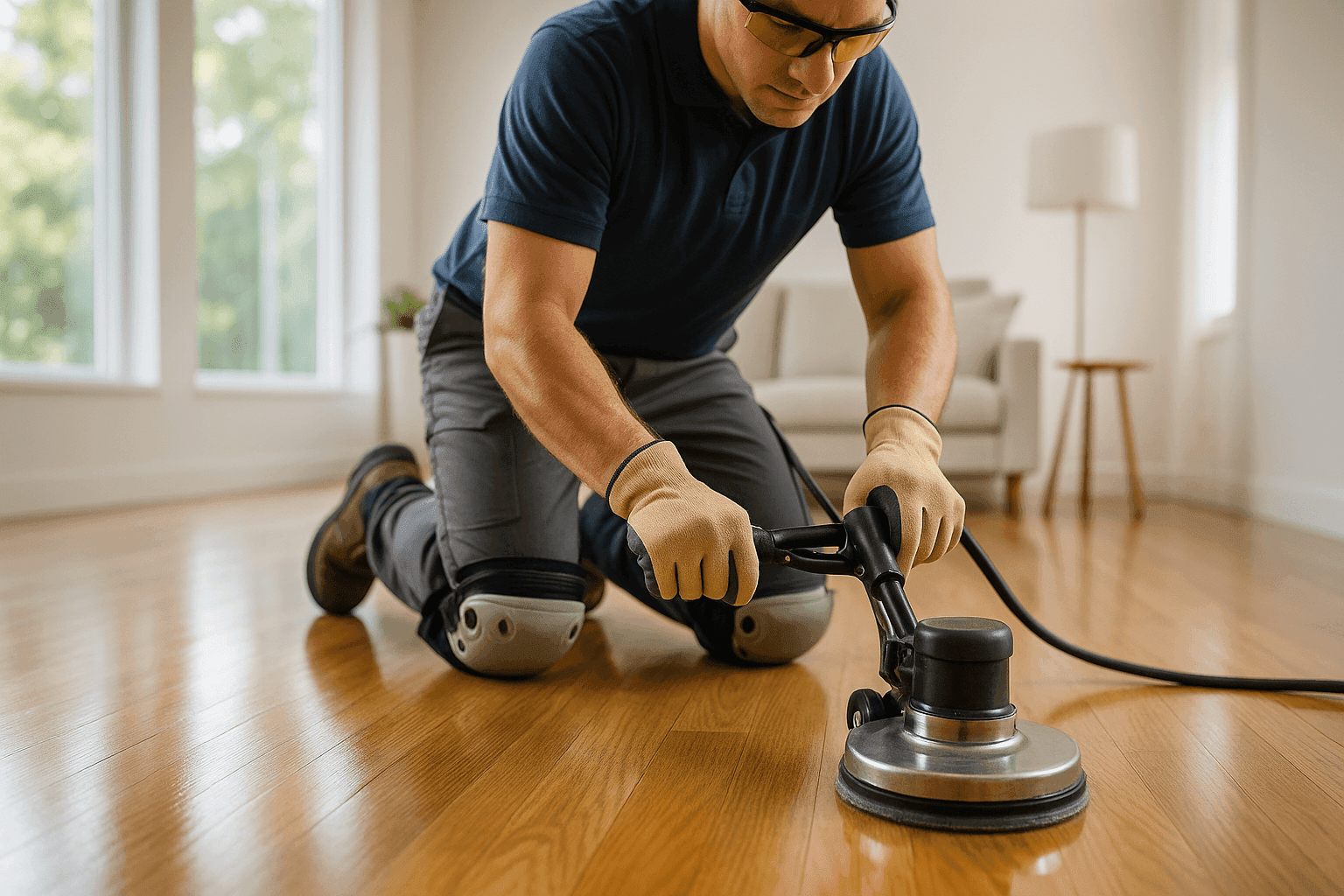 Flooring technician cleaning and polishing a hardwood floor in a bright living room