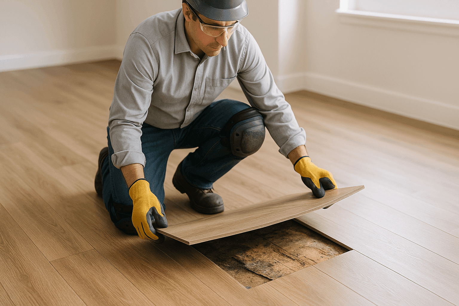 Close-up of a subfloor with visible damage and moisture issues being inspected